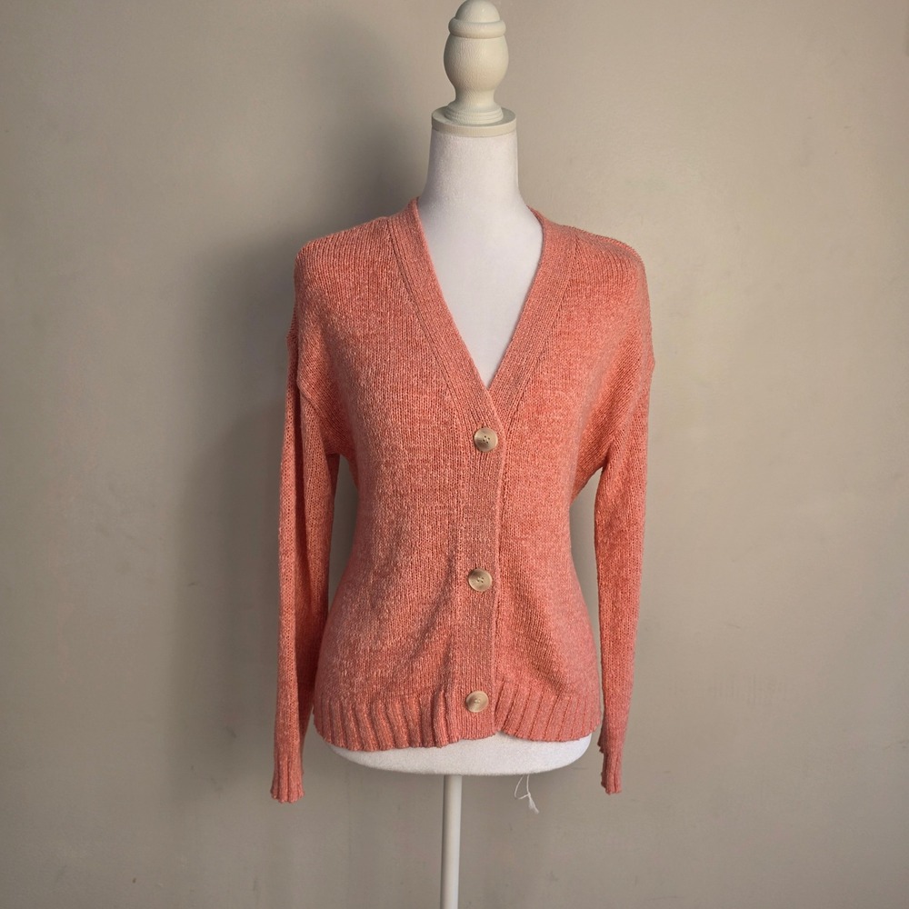 Loft Womens Coral Pink Marled Knit V-Neck 3-Button Cardigan Sweater XS